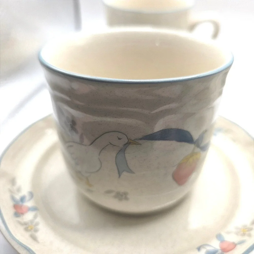 Marmalade Goose International China Tea Cup Saucer Set 8 Piece Cream Blue Rim